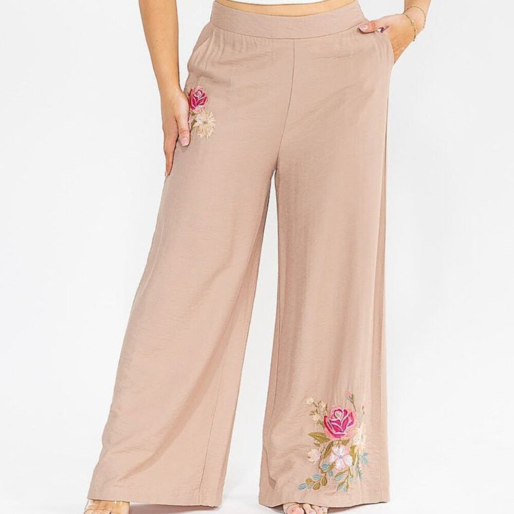 $18 START* 1-0321 *Boutique* Wide Leg embroidered lightweight Summer Flowy pants